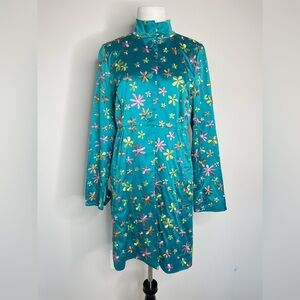 Vintage Rampage embroidered florals flower power teal satin Trench Coat Jacket